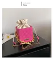 Chic pink checkered bucket bag with drawstring liner and chunky gold chain handle - Pink
