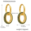 Dettaglio orecchini a doppio cerchio in acciaio con zircone verde e misure complete - Orecchini in Strass Verde Oro (F905)