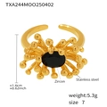 Detail of 18K gold stainless steel ring with black zircon in floral sunburst design - US 7 / Ring / Black
