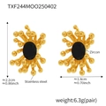 Detail view of gold stainless steel flower earrings with black zircon stones and dimensions - Earrings / Black