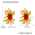 Golden stainless steel stud earrings featuring radial design and oval red zircon - Earrings / Red