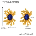 Detail view of gold stainless steel starburst earrings with blue zircon and dimensions - Earrings / Blue