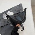 Black crescent dumpling bag in lychee leather with fashion lettering wide strap - Black