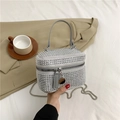 Gray suede vanity bag with silver studs, top handle, and detachable chain strap - Gray