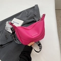 Fashionable rose pink crescent bag with wide jacquard strap and litchi texture leather - Rose Red