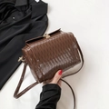 Dark brown woven barrel bag with pleated texture and golden metal rotary lock - Brown