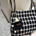 Chic black and white checkerboard wool tote bag with a cute plush mascot charm - Style With Pendant (Extra)