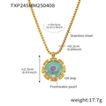Detail view of gold box chain necklace with enamel rose pendant and freshwater pearl - Blue Rose Enamel Necklace (TXP245)