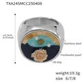 Artistic 18k gold plated stainless steel ring with pink rose, pearls and blue oil drip - Rose Enamel Steel Color Ring - Size 6 (TXA245)