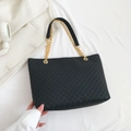 Minimalist black woven tote bag with gold chain strap for stylish daily commuting - Black