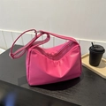 Rose pink faux leather shoulder bag with wide strap and silver hardware in casual style - Rose Red