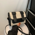 Retro contrast woven straw crossbody bag with black leather straps and ivory texture - Black