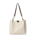 Cream white tote bag with brown leather handles and golden metal chain details - Beige White Large