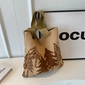 Beige knit tote bag featuring dark brown tree patterns and wide comfortable handles - Khaki