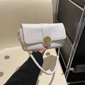 White minimalist square chain crossbody bag with golden floral metal buckle closure - White