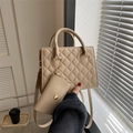 Beige quilted handbag and matching pouch set with golden chain strap for women - Khaki