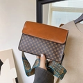 Vintage brown monogram crossbody bag with retro pattern and ethnic jacquard wide strap - Brown