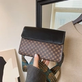Retro monogram crossbody bag with black leather flap and colorful patterned wide strap - Black