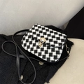 Elegante borsa a tracolla in tweed pied-de-poule con fibbia in metallo dorato - Nero