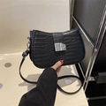 Elegant black faux crocodile leather crescent bag with silver square buckle clasp - Black