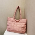 Minimalist lotus pink quilted tote bag with padded nylon texture and long handles - Pink