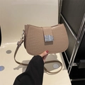 Minimalist beige crossbody bag with crocodile embossed texture and silver square buckle - Khaki