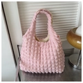 Detail of pink bubble texture fabric on lightweight pleated shoulder bag with soft lining - Pink