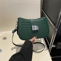 Elegant dark green crocodile pattern crossbody bag with silver geometric metal buckle - Green
