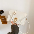 Minimalist white patent leather square bag with golden teardrop lock and crossbody strap - White