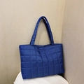 Blue quilted nylon tote bag with square stitching and spacious shoulder strap design - Blue