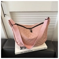 Pink quilted nylon crossbody dumpling bag with wide strap and geometric stitching details - Pink