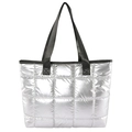 Silver quilted padded tote bag with black webbing handles for winter casual daily use - Silver