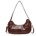 Minimalist dark brown PU leather hobo shoulder bag with fashion label on white background - Brown