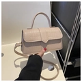 Detailed close-up of beige crocodile pattern texture and handle on a small square bag - Khaki