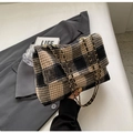 Brown and black plaid wool shoulder bag with golden chain strap for autumn winter - Black