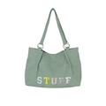 Green corduroy tote bag with colorful STUFF embroidery and metal ring straps - Green
