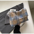 Blue and white tweed plaid shoulder bag with gold chain strap for winter fashion - Blue