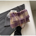 Purple and cream plaid tweed shoulder bag with gold metal chain strap and flap closure - Purple