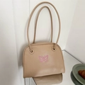 Borsa a spalla beige minimalista con ricamo a farfalla rosa e doppi spallacci - Cachi