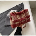 Red and beige plaid tweed flap shoulder bag with golden metal chain strap for autumn - Red