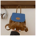 Vintage style mini canvas and brown leather backpack with drawstring and fashion label - Blue and Brown