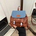 Mini vintage backpack in brown PU and blue denim with beaded drawstring and fashion label - Blue and Brown