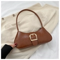Detail of vintage brown shoulder bag showing smooth PU leather and gold buckle - Tan
