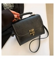 Detail of vintage embossed faux leather bag with bronze lock and floral pattern - Black