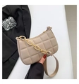 Quilted beige felt baguette bag with trendy acrylic chain and gold metal strap detail - Khaki