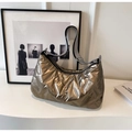 Glossy bronze quilted hobo shoulder bag with a wide herringbone patterned strap - Gold