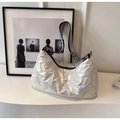 Silver glossy quilted shoulder bag with adjustable striped strap and sleek metallic finish - Off White