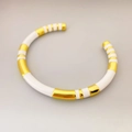 Bracciale rigido vintage dorato stile bambù con strisce in smalto bianco per donna - Bianco
