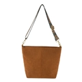Minimalistische braune Cord-Beuteltasche mit gemustertem breitem Schultergurt im Boho-Stil - Braun