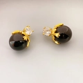 Vintage Goldohrringe mit schwarzen Achatperlen und funkelnden Zirkonia-Steinen - Schwarzer Achat